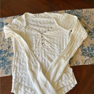 We The Free Cream Ribbed Long Sleeve Polo Shirt